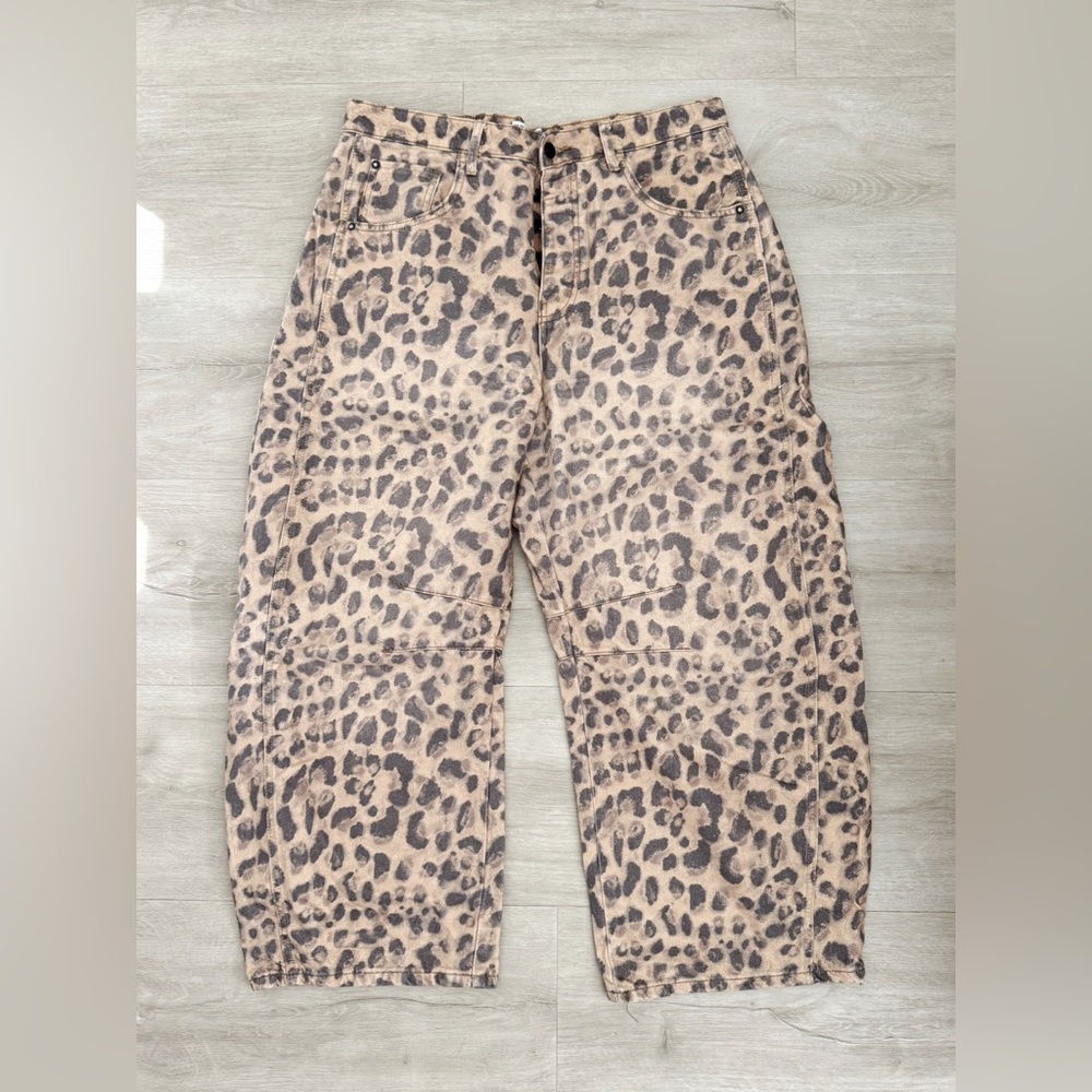 We The Free Good Luck Denim Leopard Print Mid Rise Barrel Jeans